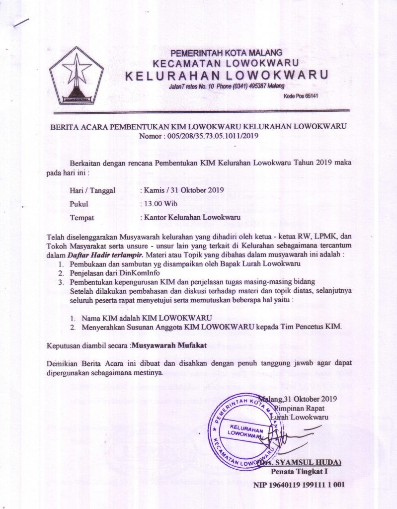 Berita Acara Pembentukan KIM Lowokwaru - 31102019